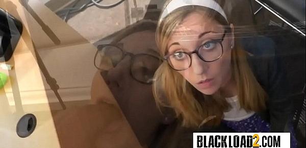  Black stud is receiving a nice blowjob by a petite blonde teen in his office.